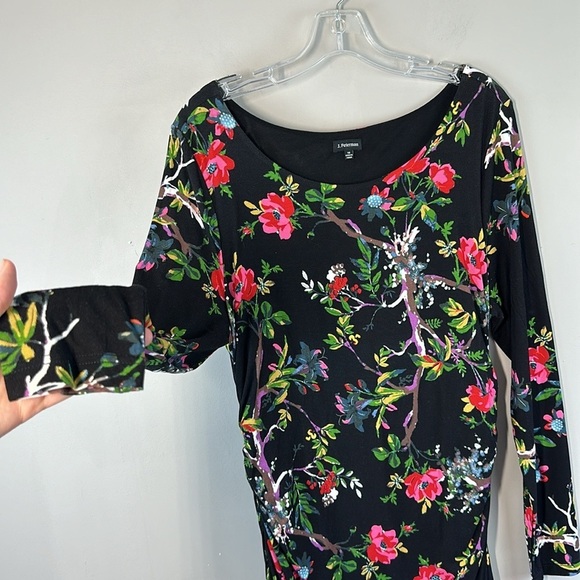 J.Peterman Dark Floral Ruched Side Jersey Knit Midi Dress Size 16 - Picture 9 of 12